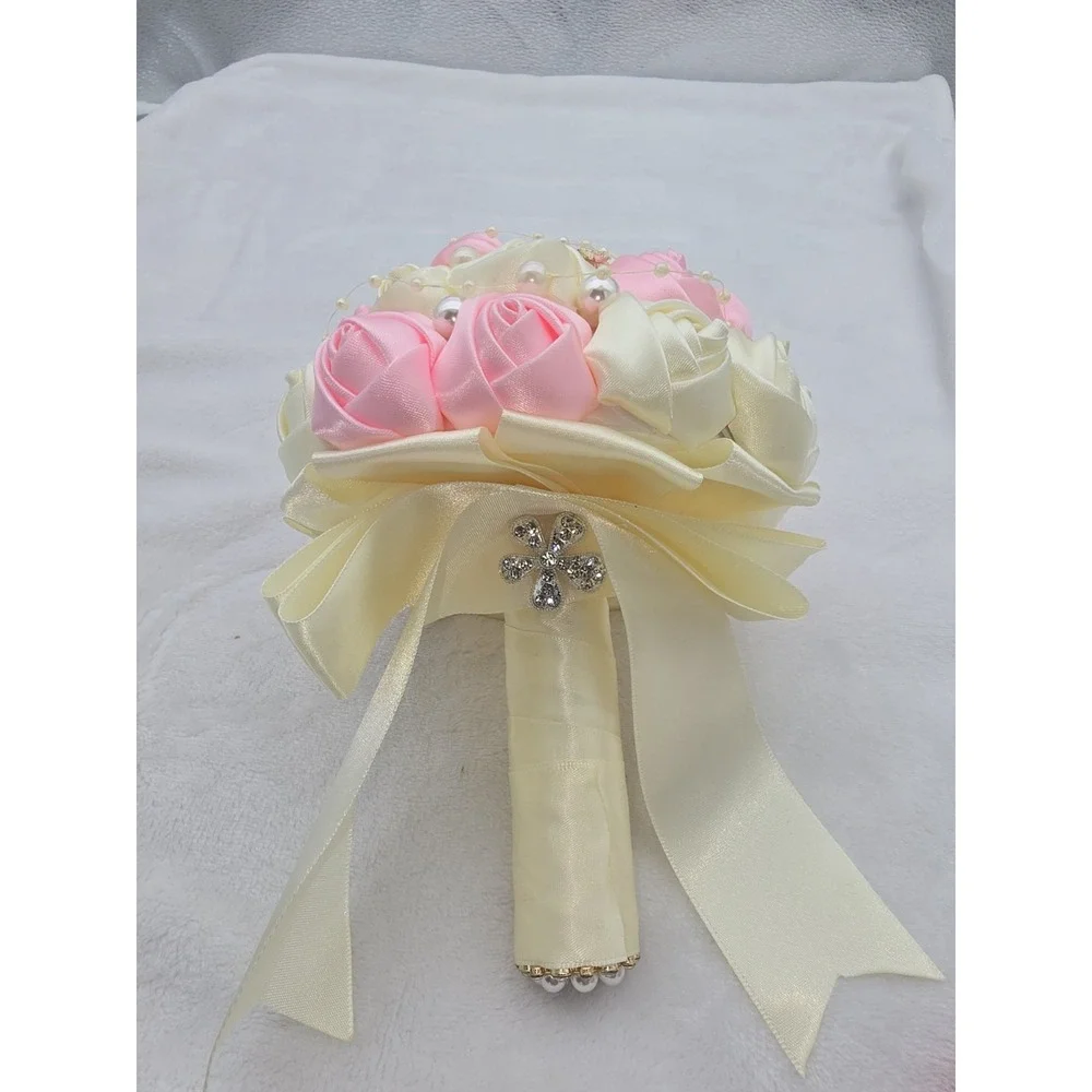 Pink & White Rose Flower Rhinestone Pearl Wedding Bridal Bouquet